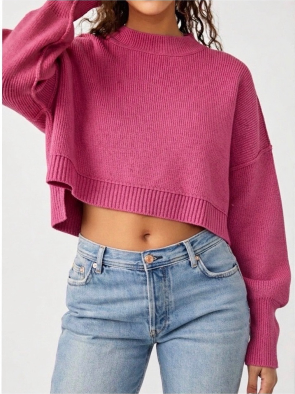 Free People Easy Street Cropped Crewneck Sweater - Bright Pink. Size S